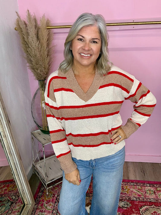 Taupe/Red Collared Sweater