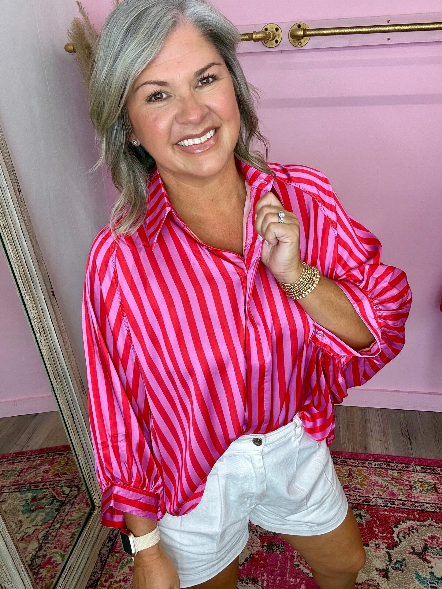 Oversized Shirt With Balloon Dolman Sleeve - Stripe