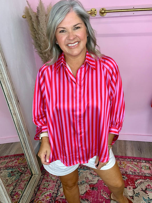 Oversized Shirt With Balloon Dolman Sleeve - Stripe