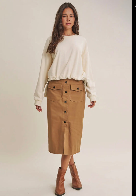 Stretchy Twill Cargo Midi Skirt