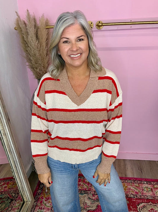 Taupe/Red Collared Sweater