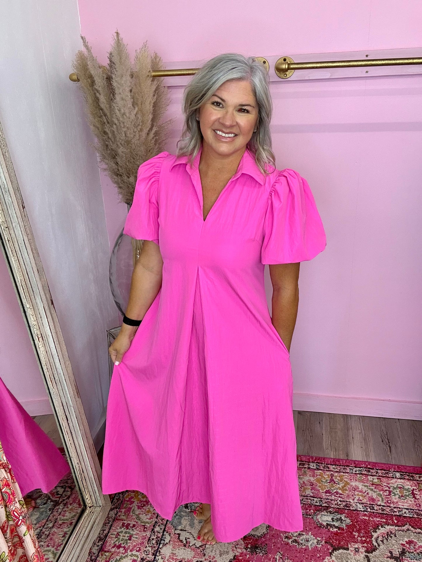 Hot Pink Pleated Dress