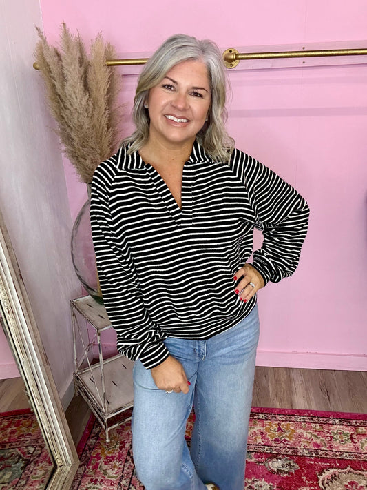 Black Striped Collared Sweatshirt