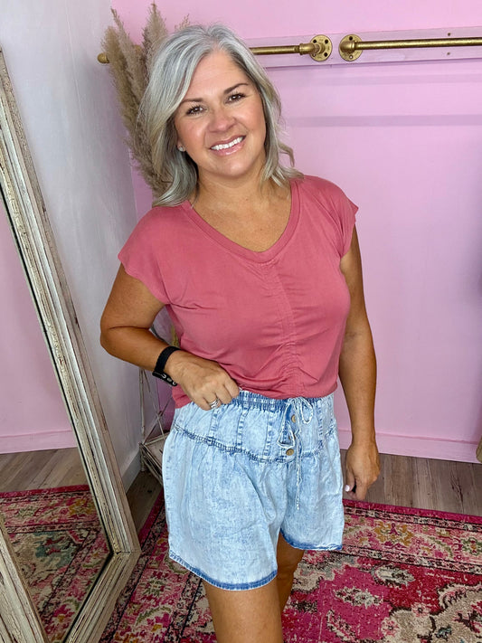 Washed Chambray Flare Shorts