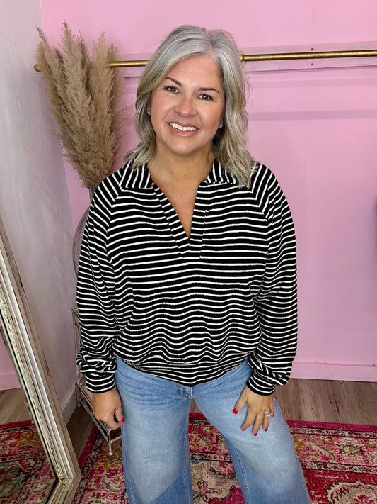 Black Striped Collared Sweatshirt