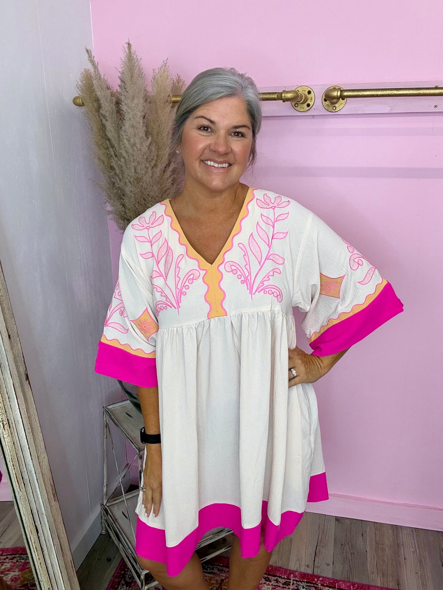 Cream and Pink Embroidered Floral Mini Dress