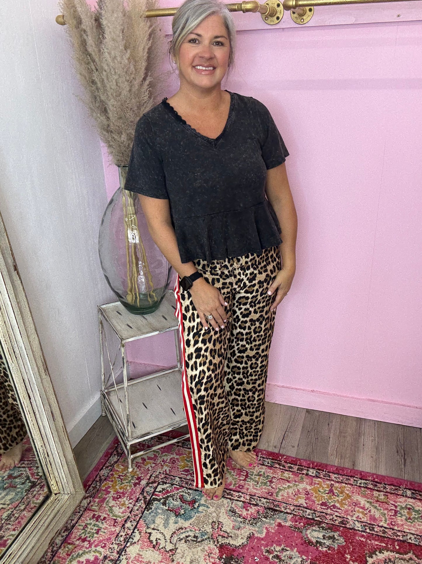 Leopard Mocha Pant with Red Stripe