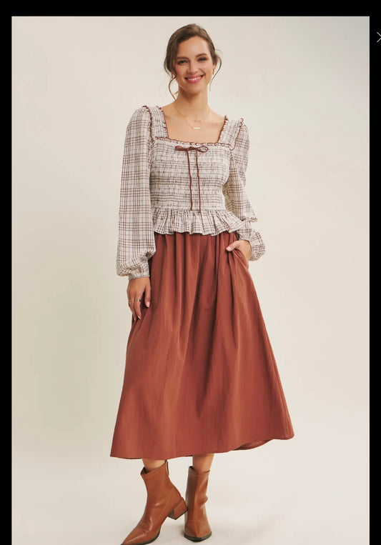 Daydream Cotton Plaid Smocked Twofer Midi Dress