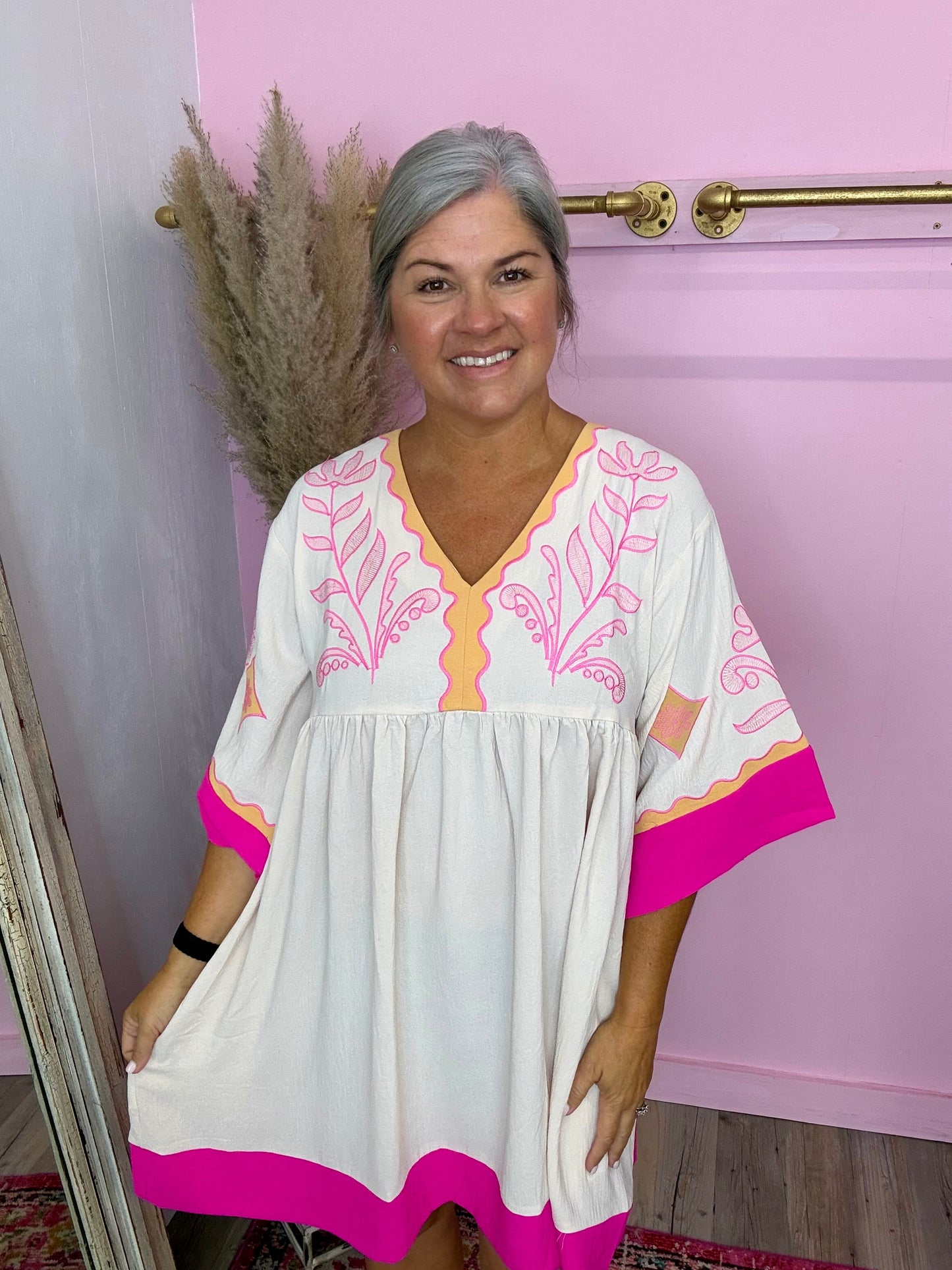 Cream and Pink Embroidered Floral Mini Dress