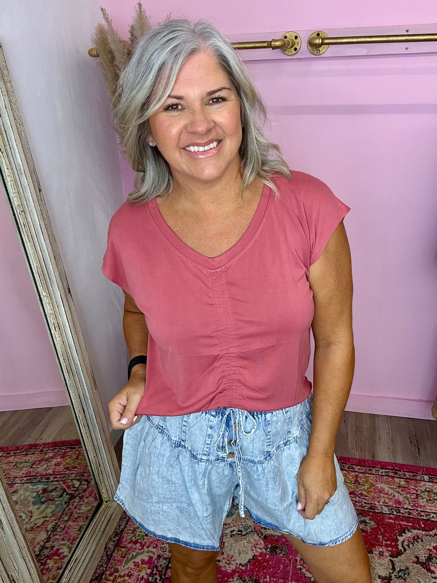 Washed Chambray Flare Shorts