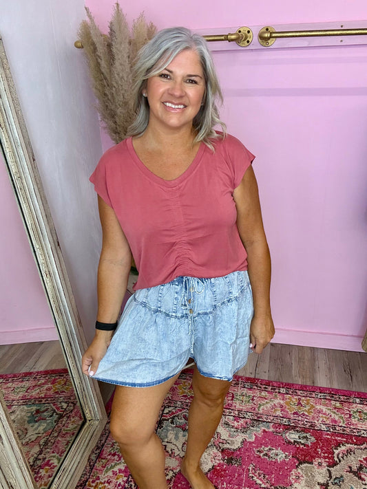 Washed Chambray Flare Shorts