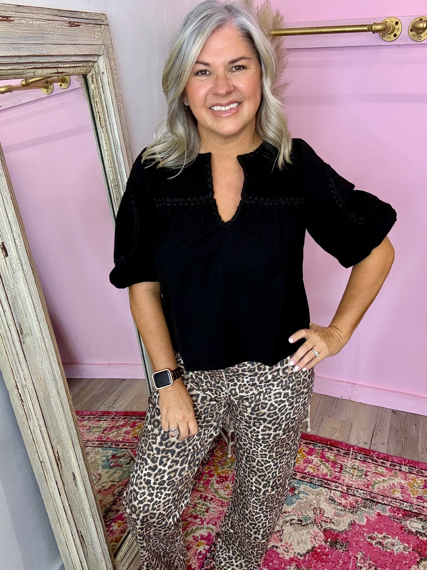 Black Detailed Puff Sleeve Top