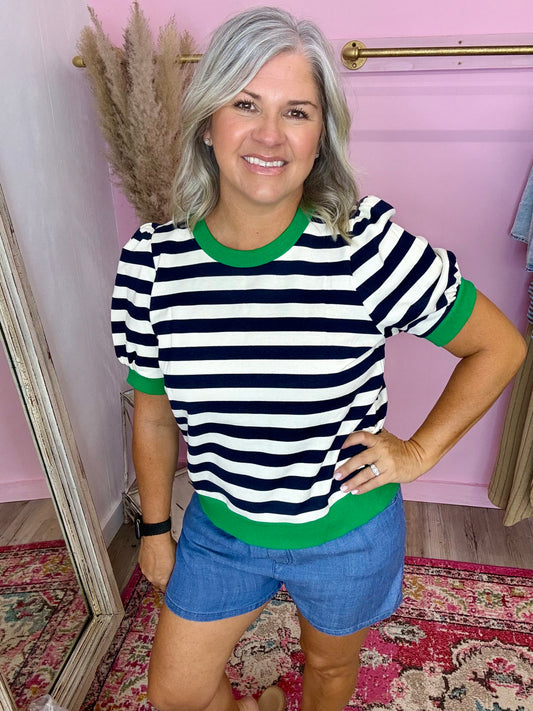 Navy-Green Puff Pullover