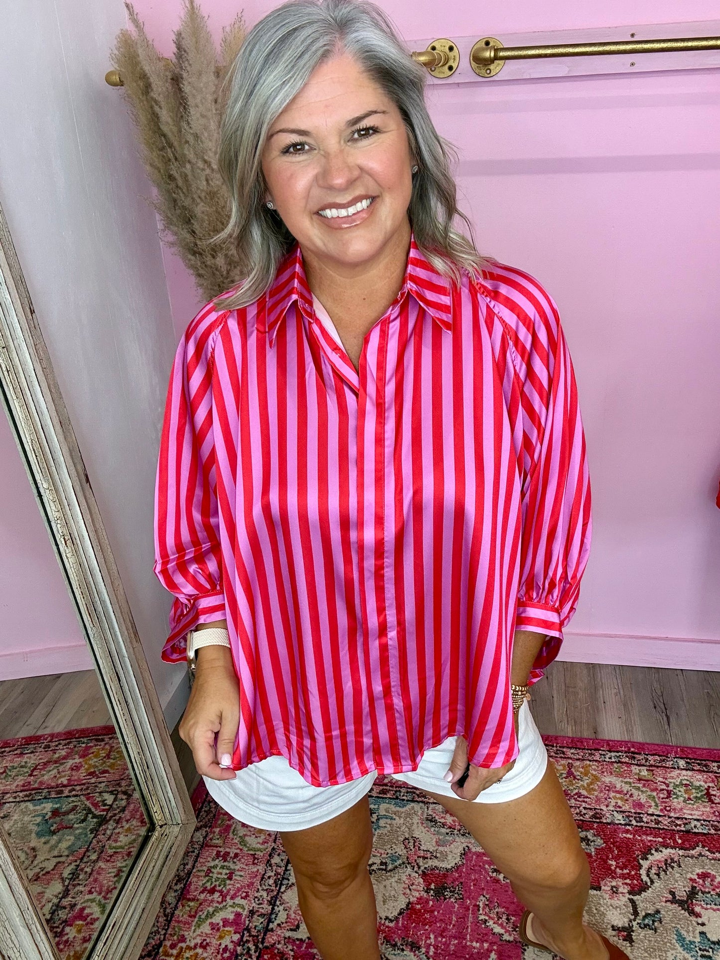 Oversized Shirt With Balloon Dolman Sleeve - Stripe