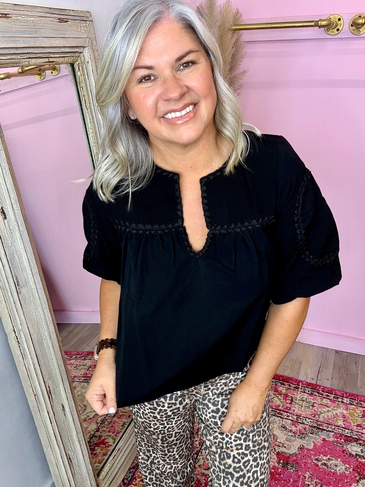 Black Detailed Puff Sleeve Top
