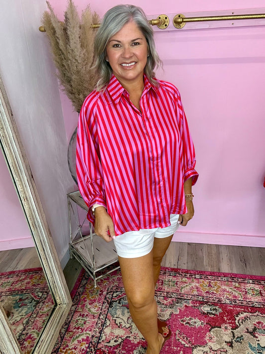 Oversized Shirt With Balloon Dolman Sleeve - Stripe