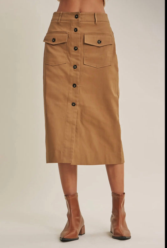 Stretchy Twill Cargo Midi Skirt
