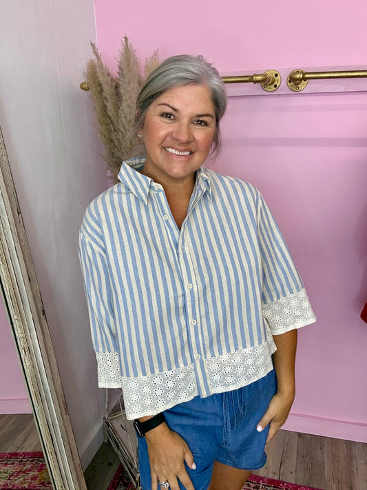 Denim Stripe Eyelet Lace Top