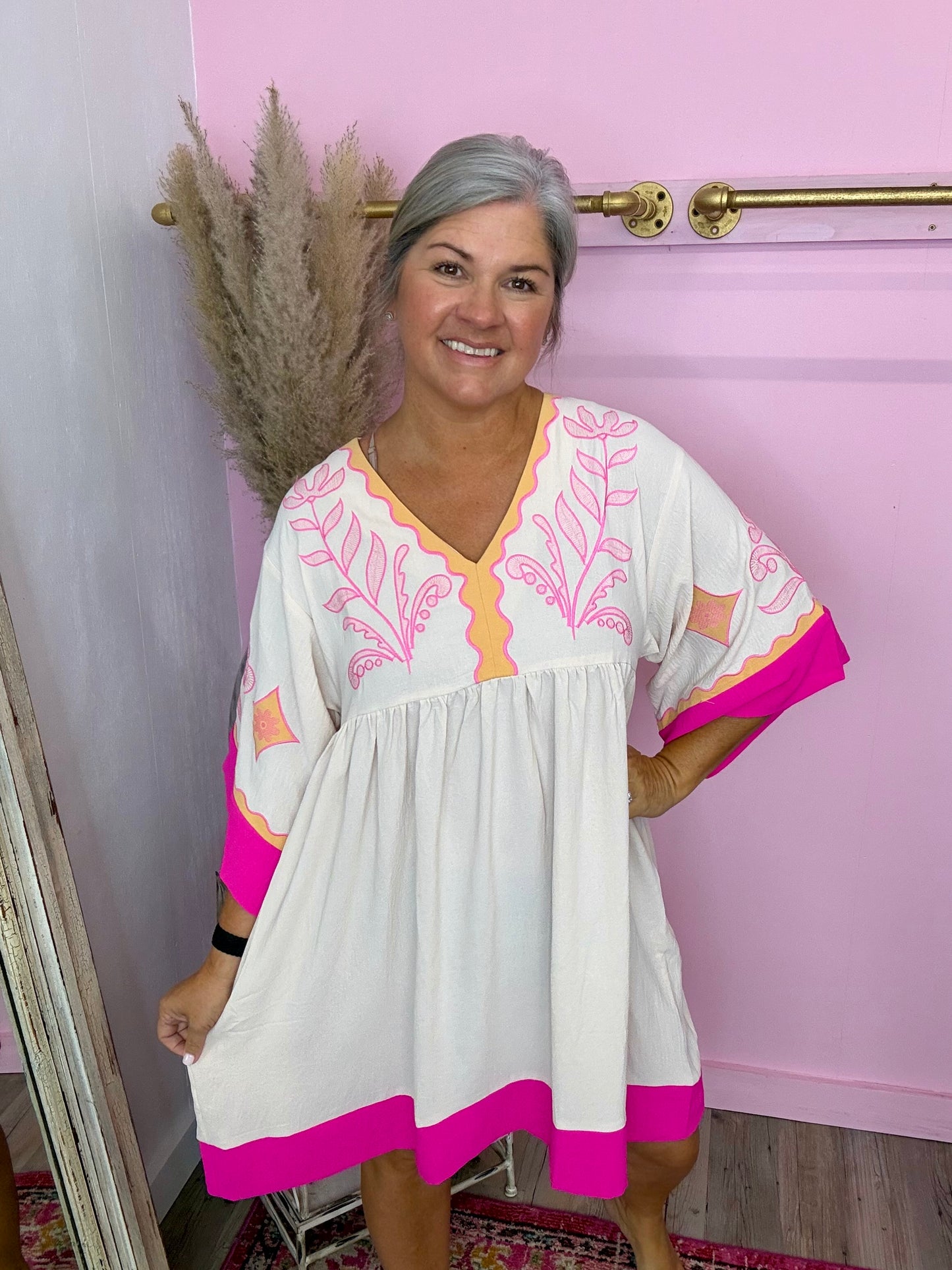 Cream and Pink Embroidered Floral Mini Dress