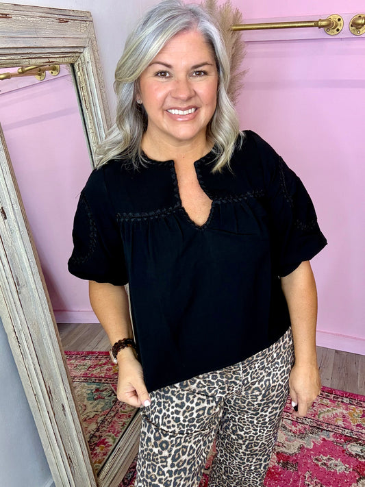 Black Detailed Puff Sleeve Top