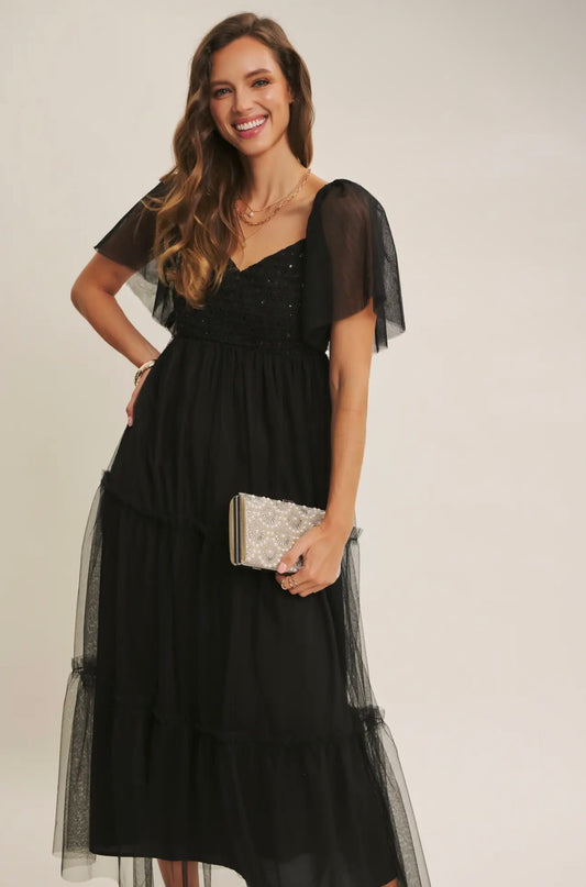 Sequin Mesh Tiered Midi Dress