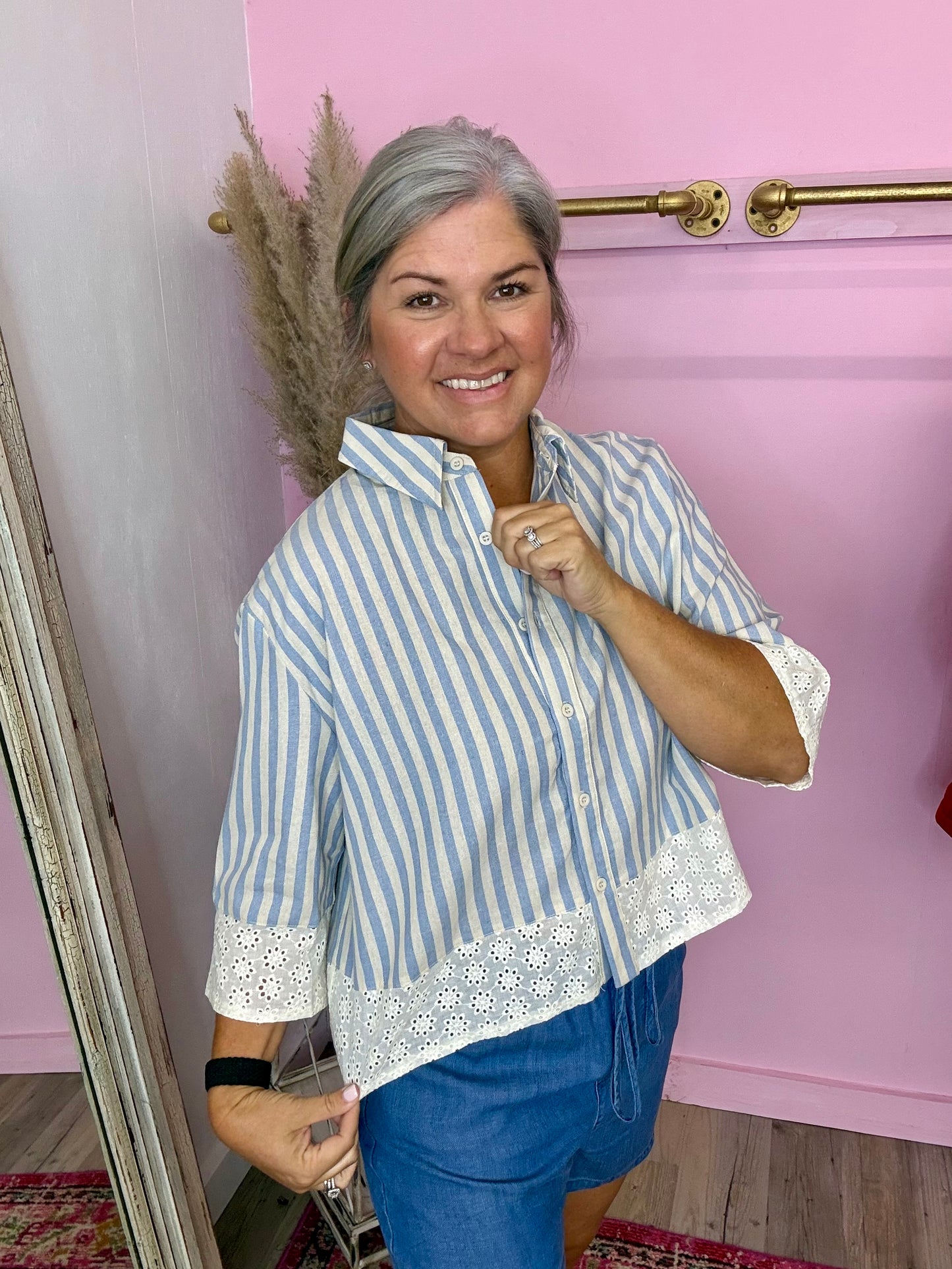 Denim Stripe Eyelet Lace Top