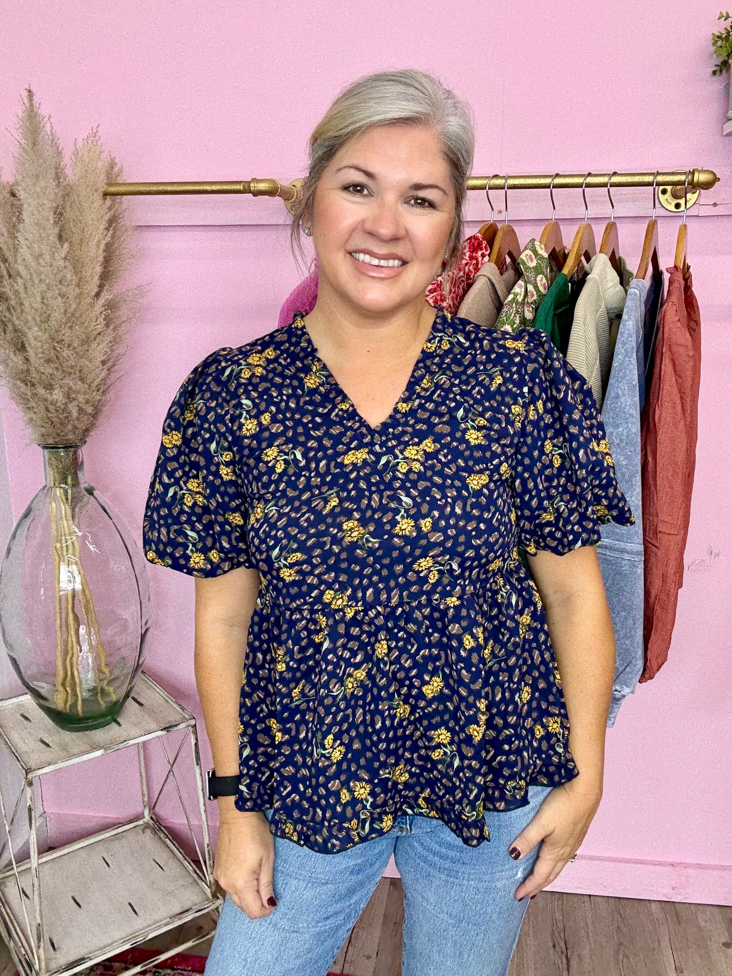 Navy Floral Puff Top