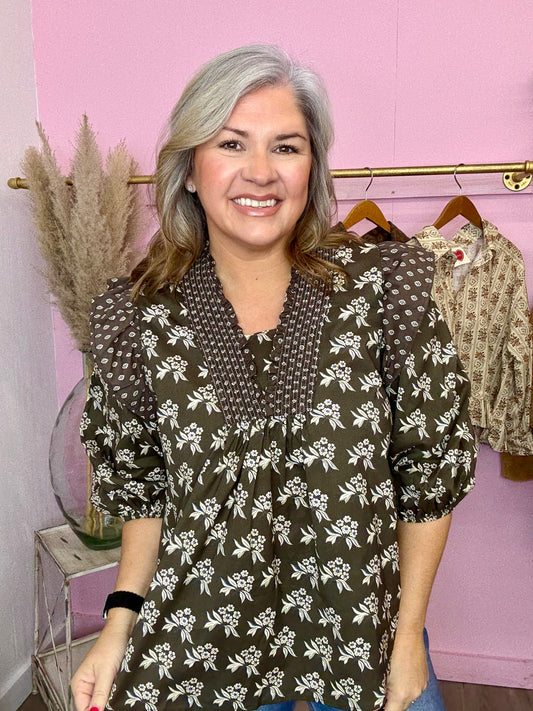 Oliveish Floral Top