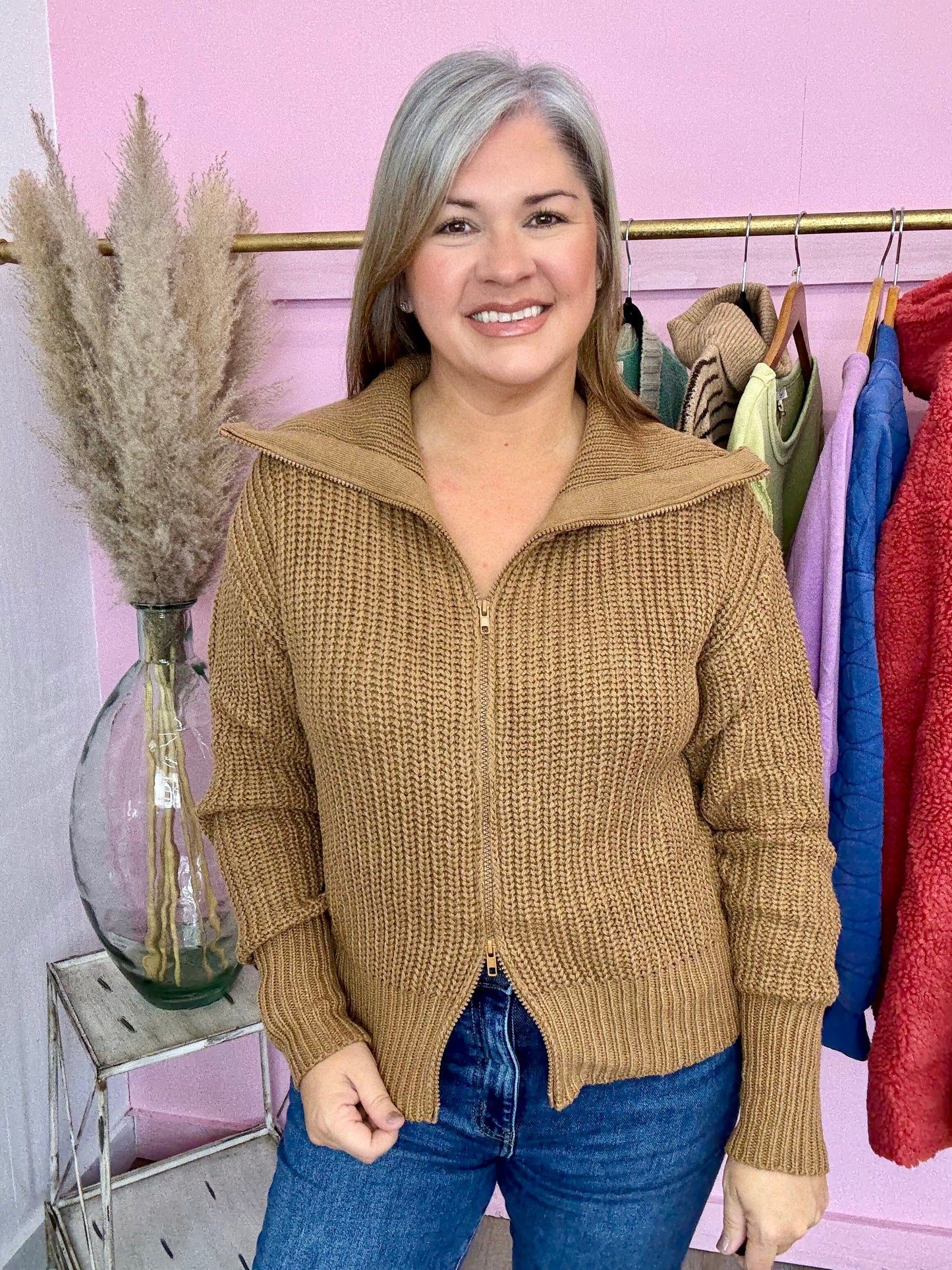 Camel Zip Up Sweater