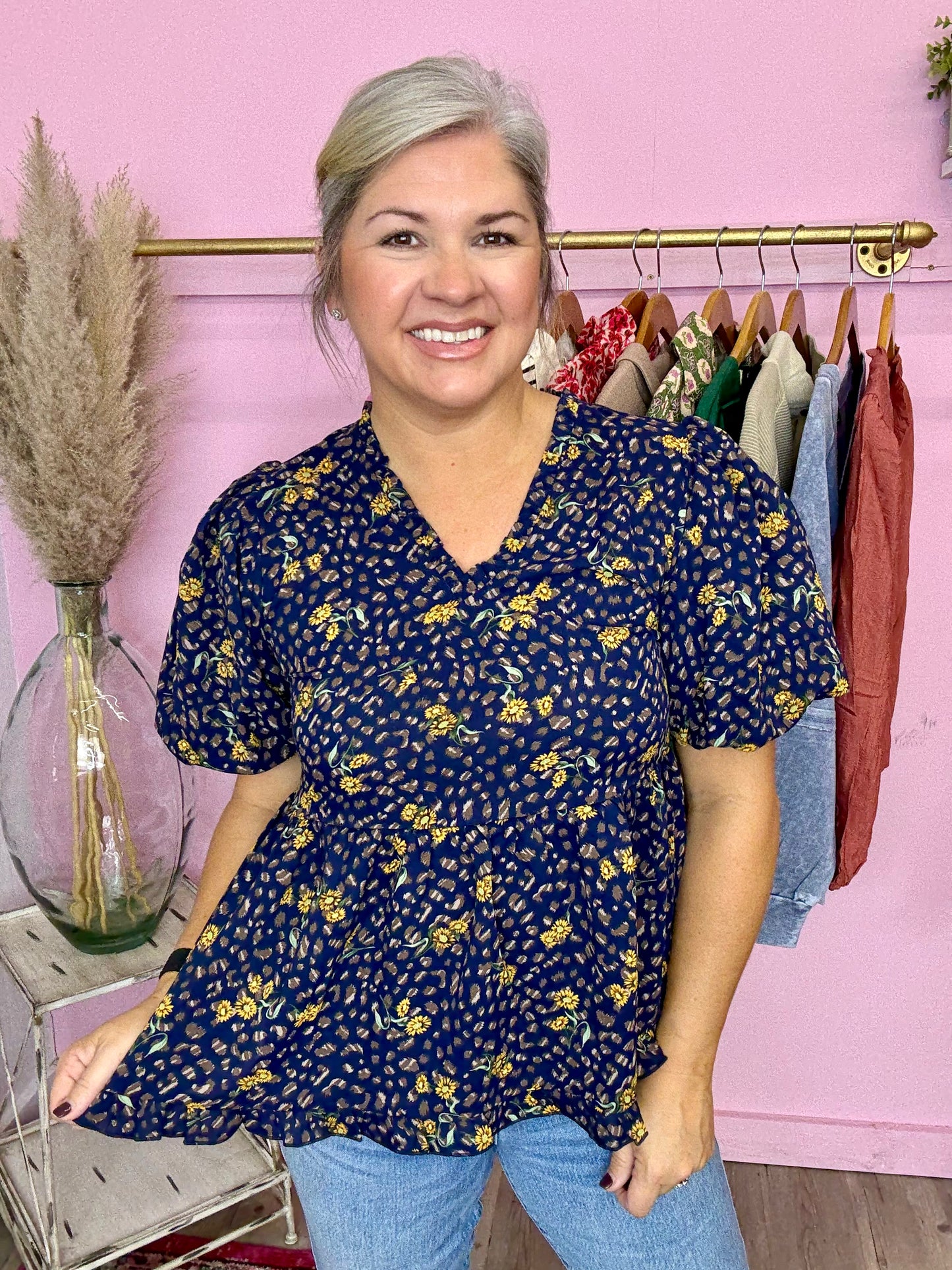 Navy Floral Puff Top