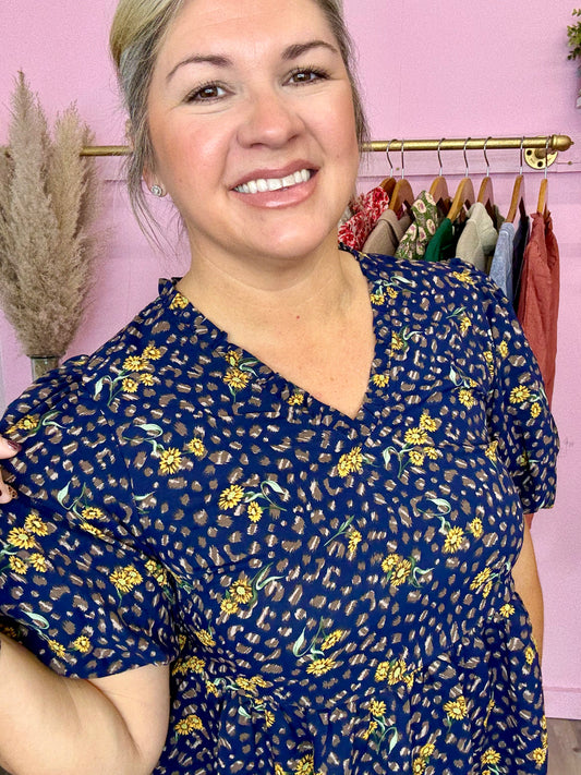 Navy Floral Puff Top